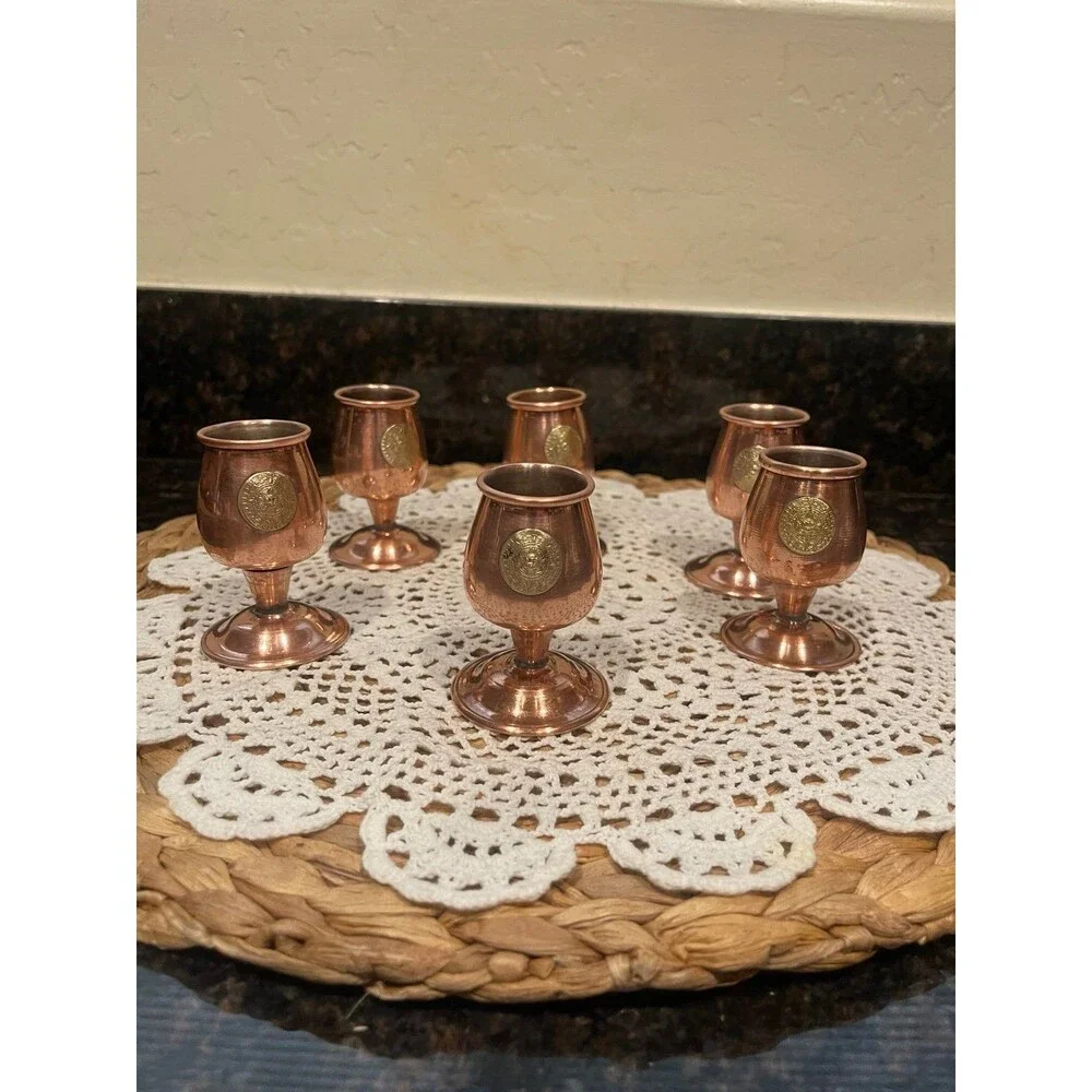 2 Vintage Aztec Mini Shot Goblets Copper & Brass